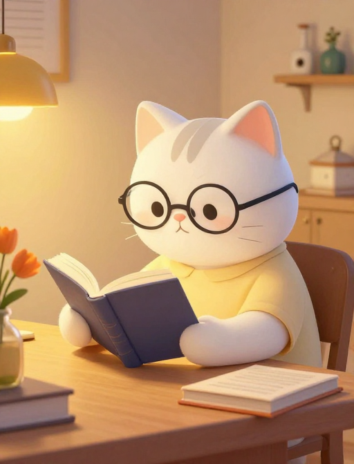 戴眼镜猫咪深夜读书：温暖插画风