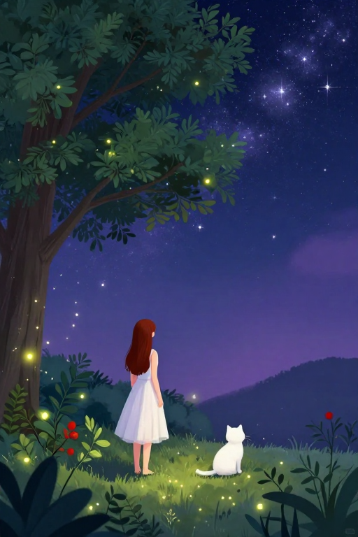 梦幻夜林插画：星河光影下的静谧少女与白猫