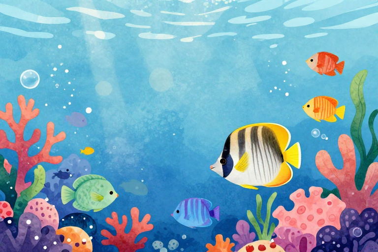 梦幻水彩海洋生物插画：清新童趣海底场景