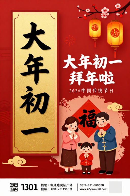 红金中国风春节海报：大年初一拜年祝福