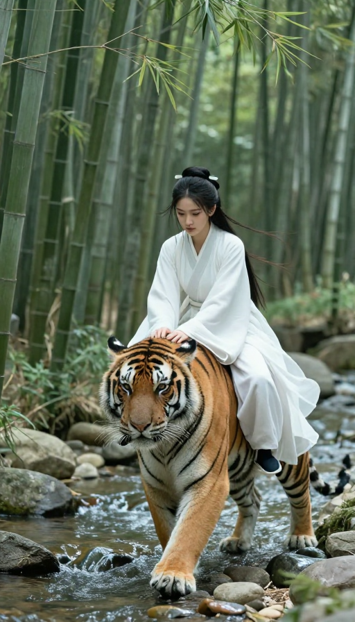 古韵竹林：白衣侠女御虎英姿