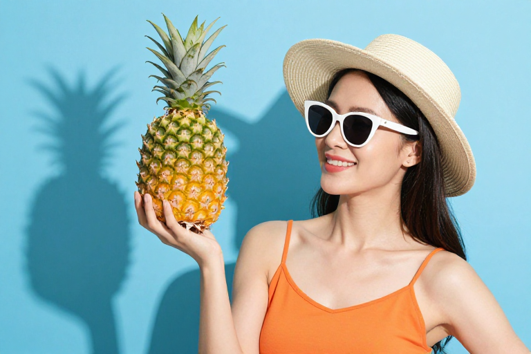 夏日清新:橙衣微笑女性高举成熟菠萝