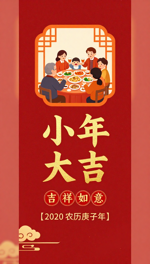 小年团圆喜庆海报：传统红金风家庭聚餐