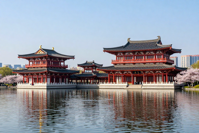 唐代古建映湖樱，古今辉映美如画