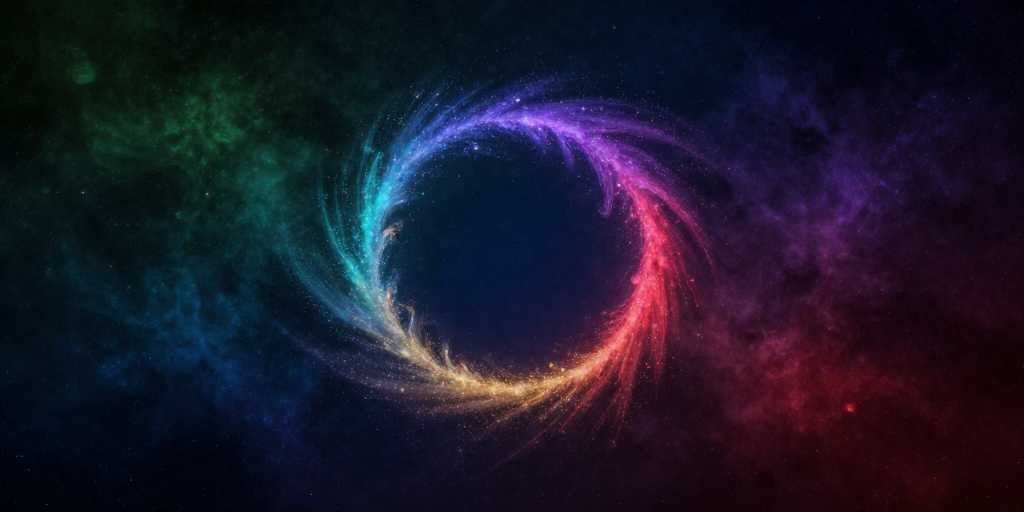 深邃宇宙中的彩色粒子光环,梦幻科幻风格背景