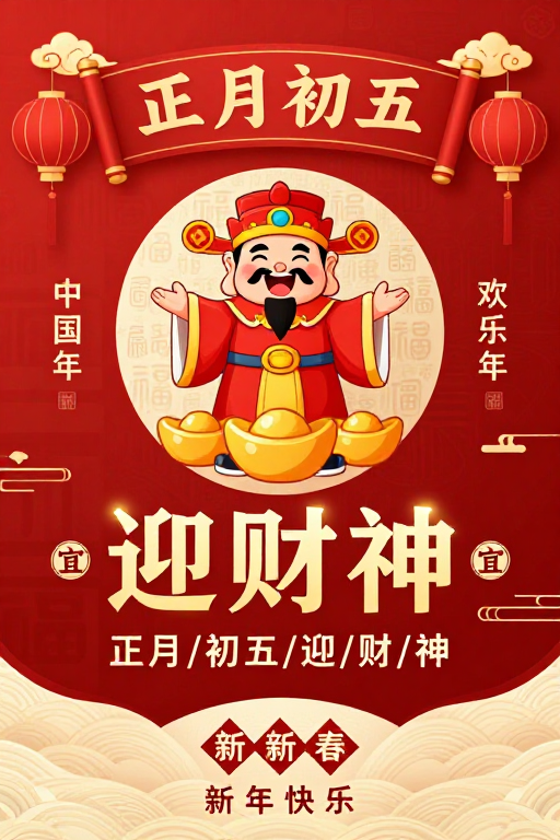 春节迎财神海报：现代插画融合传统喜庆氛围