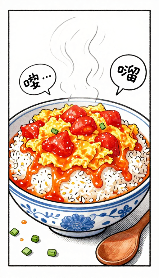 手绘漫画风:青花瓷碗西红柿炒蛋盖浇饭