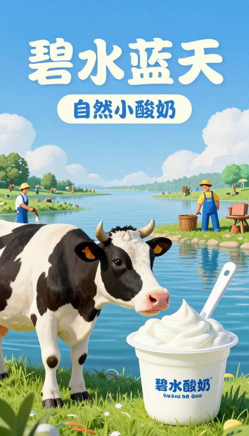碧水蓝天下的清新酸奶:小奶牛与工人的温馨海报