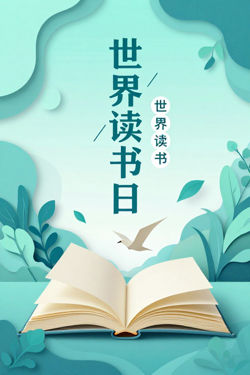 蓝绿纸艺剪影：世界读书日智慧与自然共生的海报