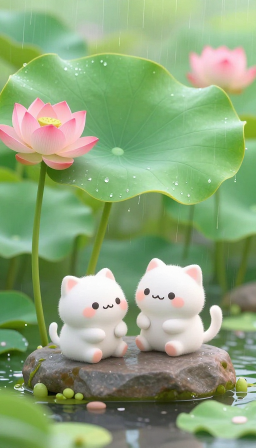 萌系治愈：雨荷下两只小白猫的温馨特写
