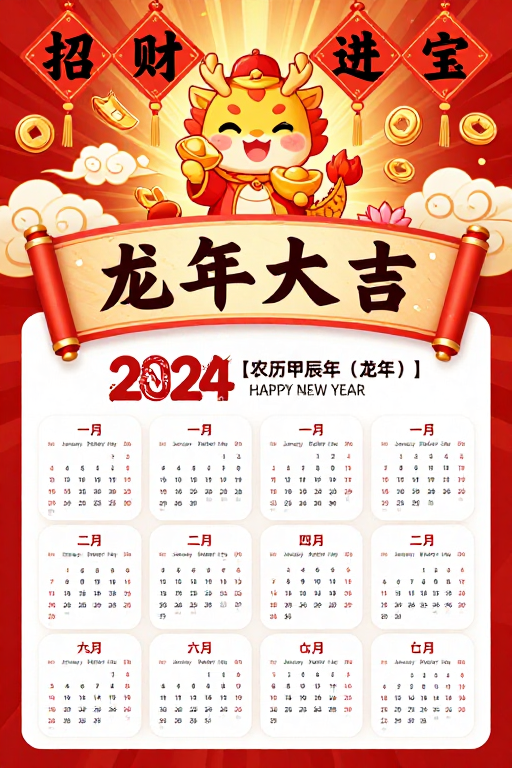 2024龙年春节红金喜庆日历海报