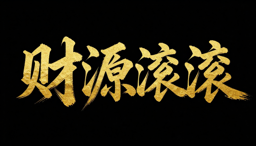 金色行草书法‘财源滚滚’,黑金对比凸显富贵吉祥
