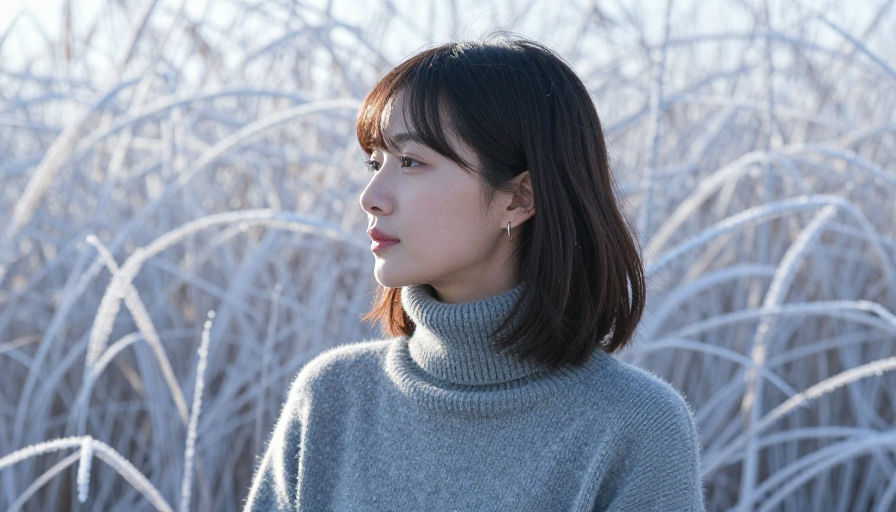 冬日冷调：霜冻枯草间的优雅女性侧影