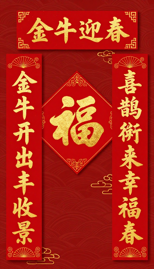 金牛迎春福字图 传统中国风春节对联设计