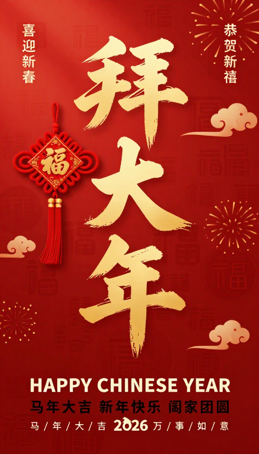 2026马年新春海报:金红中国风喜庆祝福