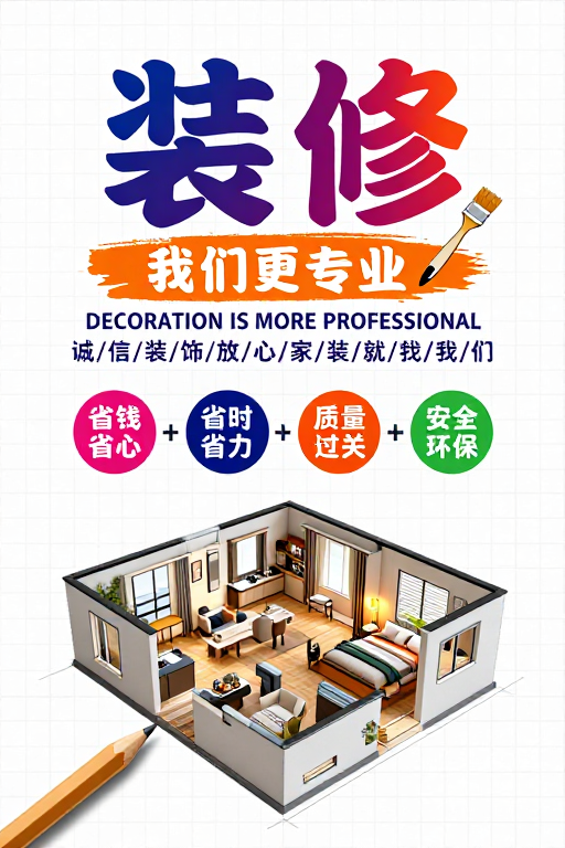 专业装修服务宣传海报，展现设计细节与品质承诺