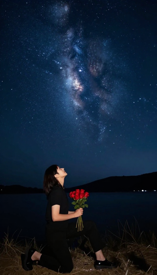 星空下深情告白：手持玫瑰的理想情缘
