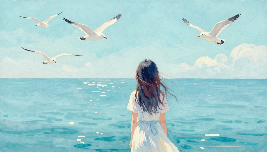 青蓝梦境：少女背脊与海鸥的超现实海境