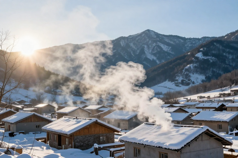 炊烟袅袅映暖阳，雪山静默护乡野