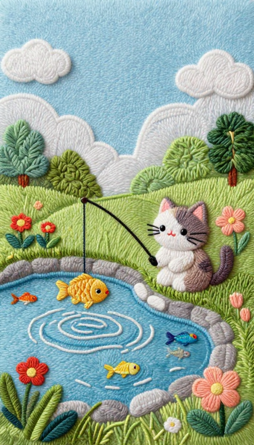 毛绒线绘养鱼池景：猫咪垂钓锦鲤跃水画卷