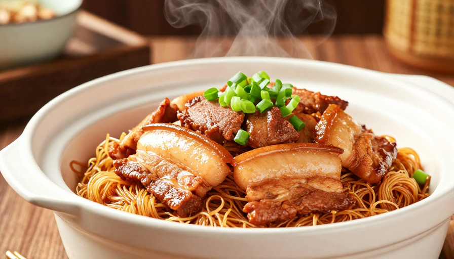 金黄粉蒸肉热气腾腾,中式美食诱人呈现