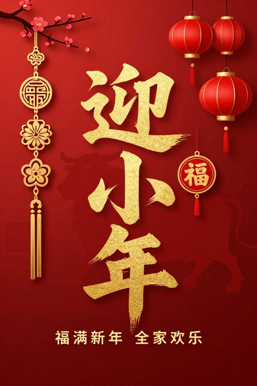 迎小年中国风新年海报，烫金书法配传统挂饰