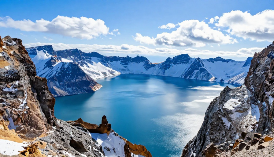 天池火山湖：青蓝湖水映雪山岩壁