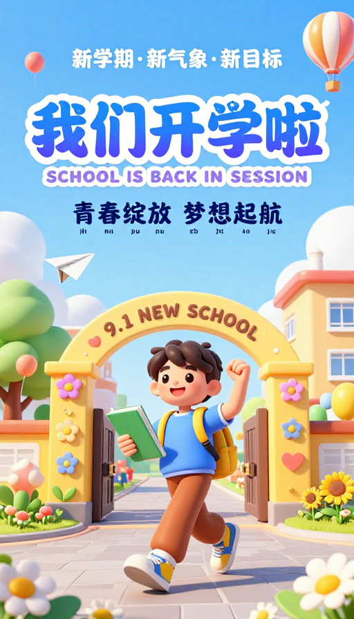 明亮清新3D开学卡通插画海报