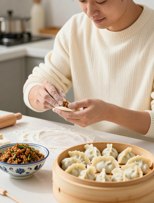 温馨家庭包饺子：青年男子专注制作美食瞬间