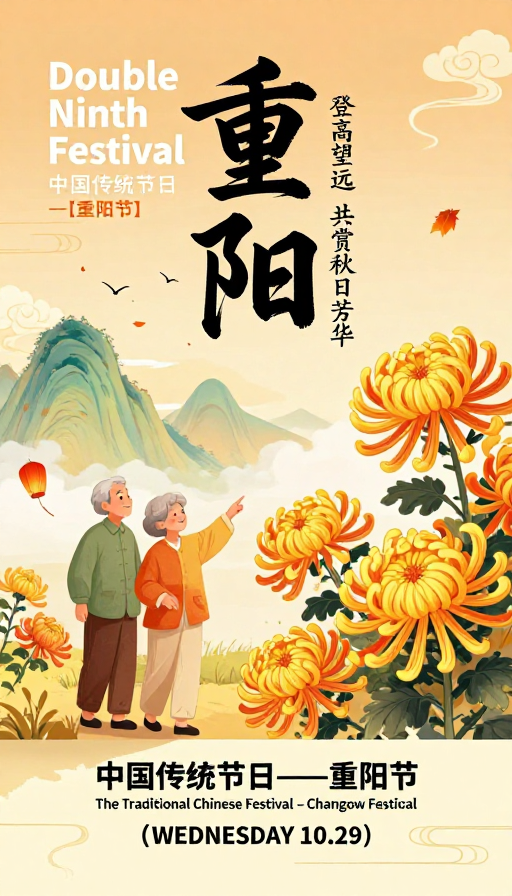 重阳佳节·温暖秋日国风插画海报