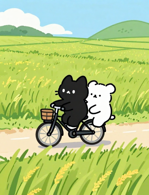 治愈系简笔画：黑猫白熊稻田骑行