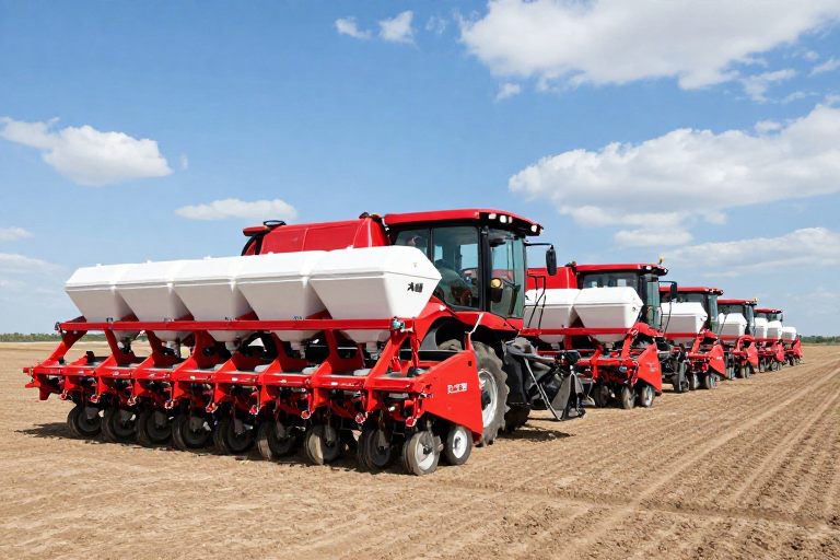 大疆农机展示：红色播种机整齐排列于田垄