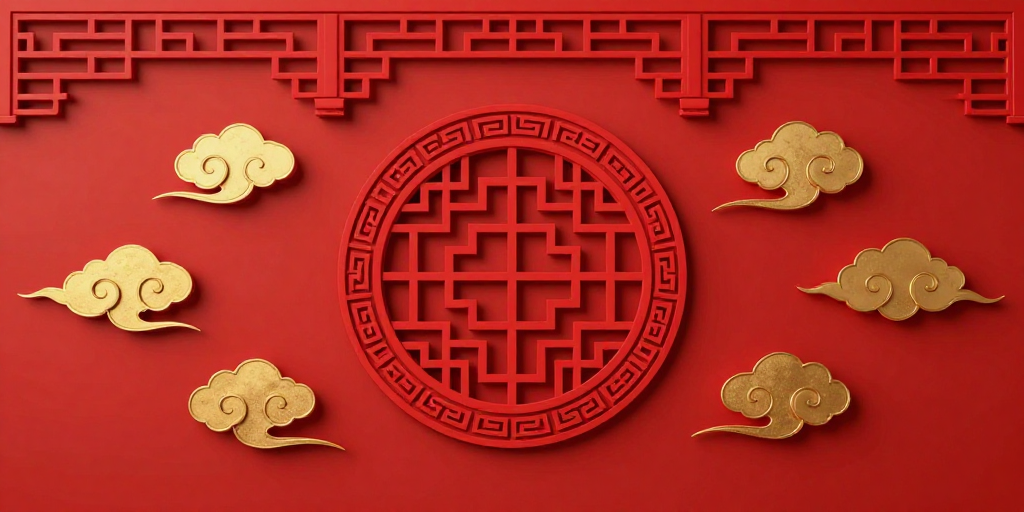 立体浮雕圆形窗格 · 中国红祥云纹样背景
