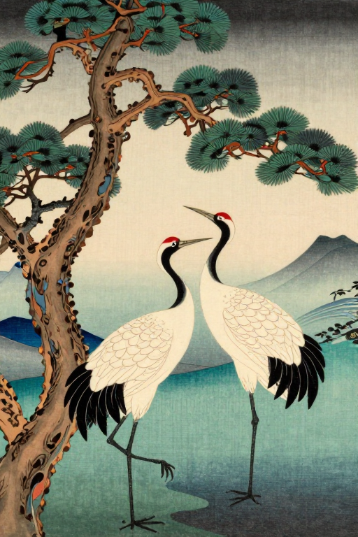 浮世绘仙鹤松柏静谧雅韵平插画