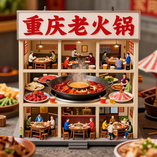 重庆老火锅微缩景观海报:九宫格沸腾与街头烟火