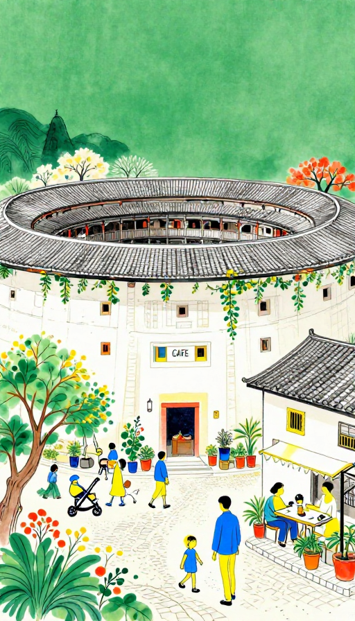 水墨魔幻：多彩建筑与悠闲生活的艺术呈现