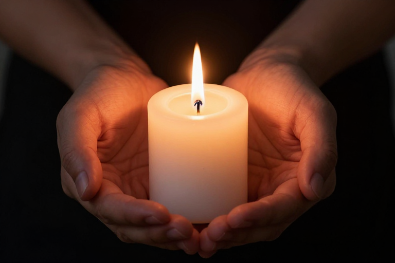 烛光祈愿：手托燃烧的纯净白烛映照希望
