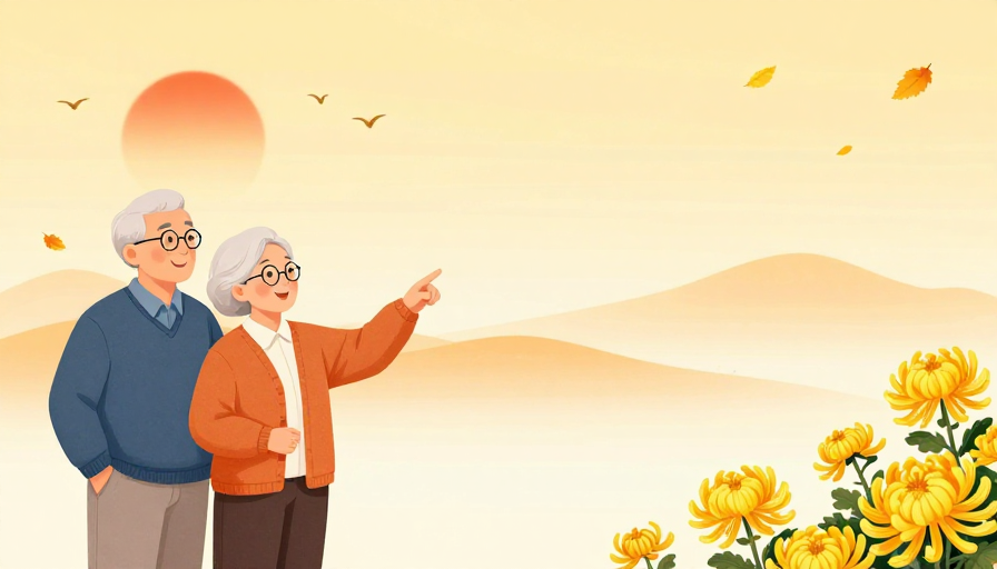 秋日黄昏温暖插画背景，暖黄渐变与金菊点缀