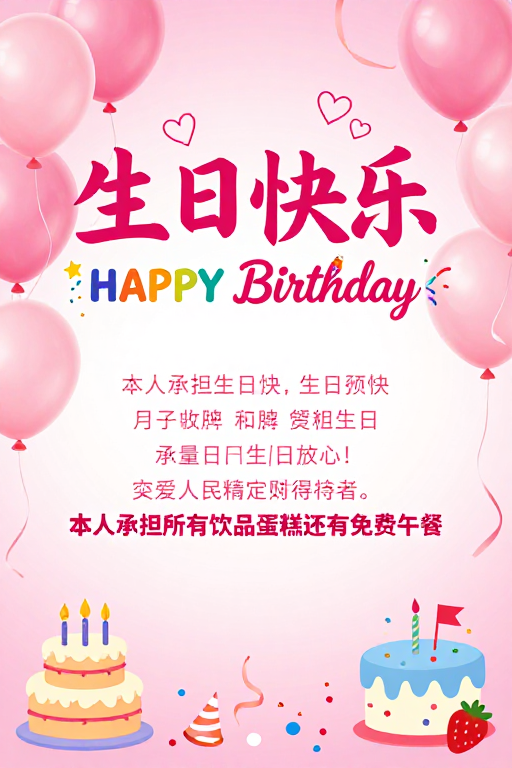 粉色梦幻生日派对海报：温馨欢乐庆祝时刻