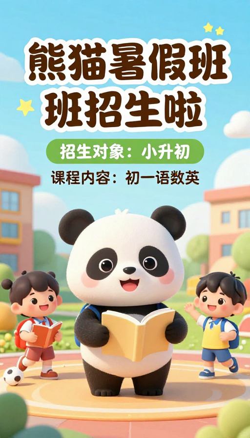 熊猫暑假班Q版招生海报，可爱校园生活