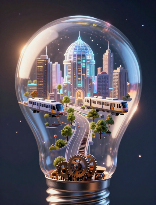 透明灯泡中的微缩科幻都市奇观