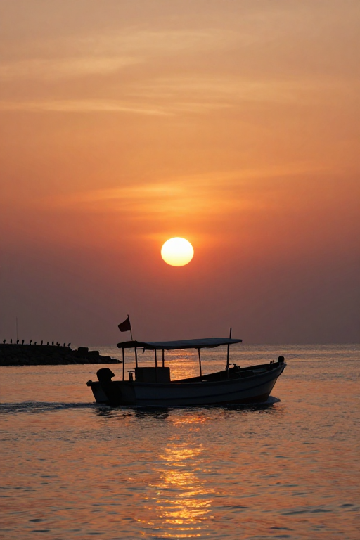 夕阳下渔船剪影：海上金色时光