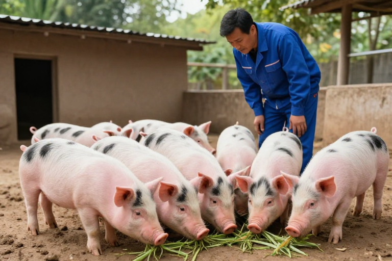 粉白黑斑幼猪田园进食乡村摄影记录