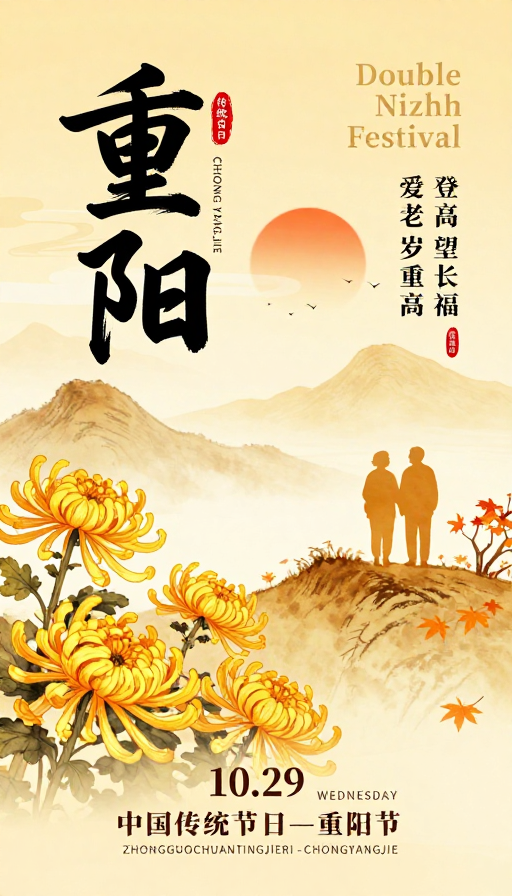暖金水墨重阳海报：传统佳节文化传递