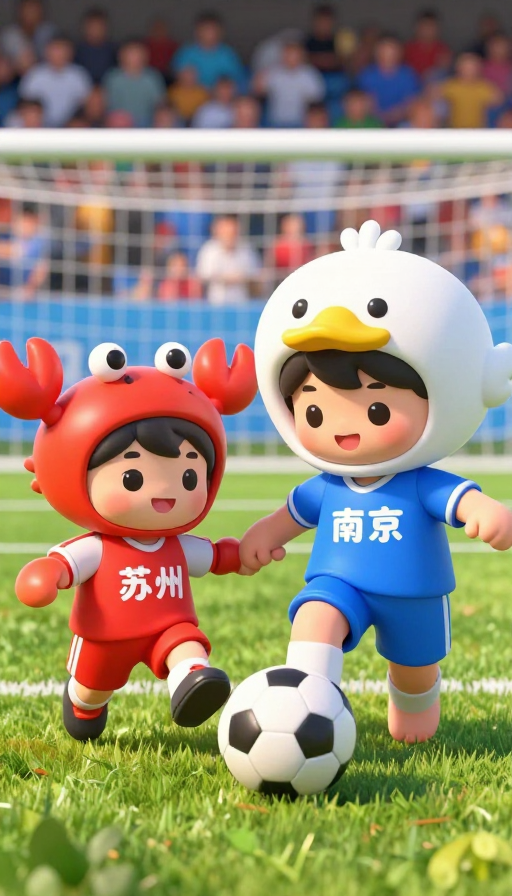 苏超赛场双童狂欢:南京鸭与苏州蟹的萌趣对决