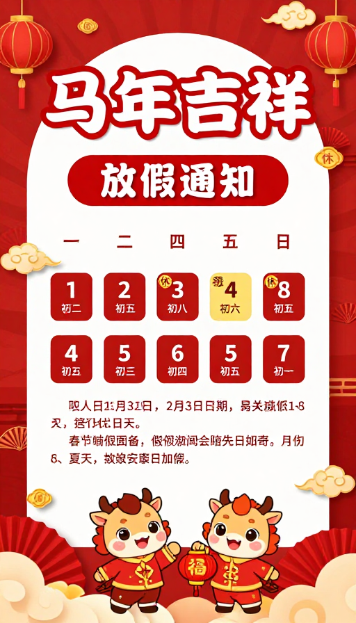 马年喜庆春节放假通知海报，传统红金配色