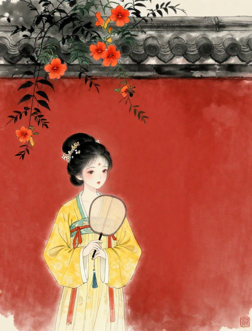 水墨古风少女与凌霄花：红墙下的古典意境