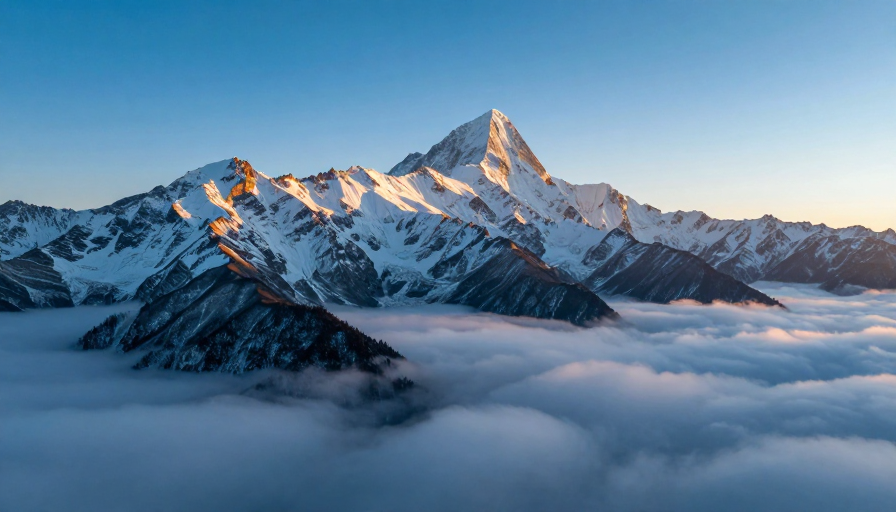晨曦金辉下的巍峨雪峰与云海