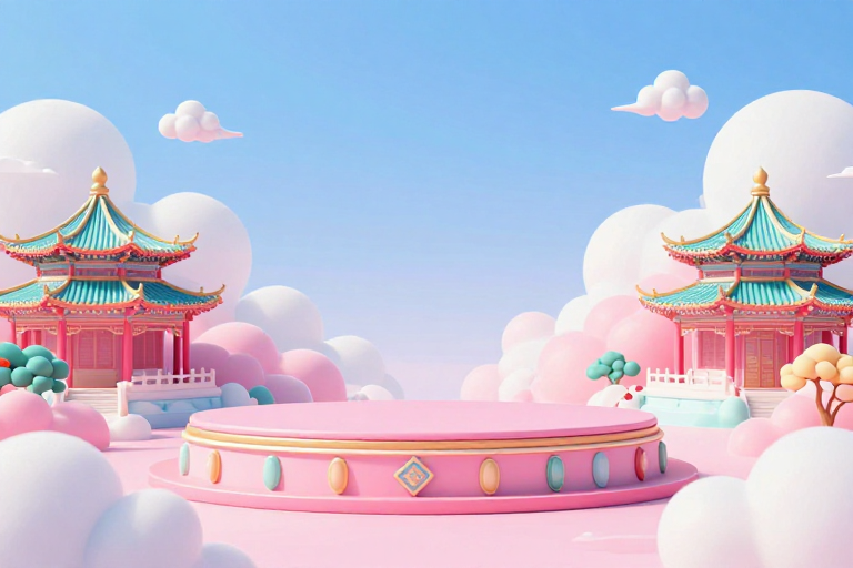 七夕梦幻展台：粉彩云景配中式古建