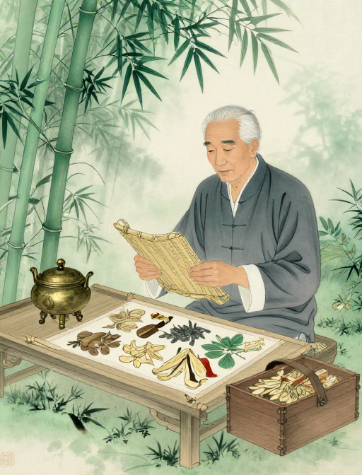 竹韵青绿:水墨风老中医晾晒草药